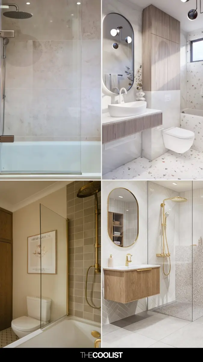 Four stylish bathroom designs featuring various layouts, fixtures, and color palettes adjacent to hallways.
