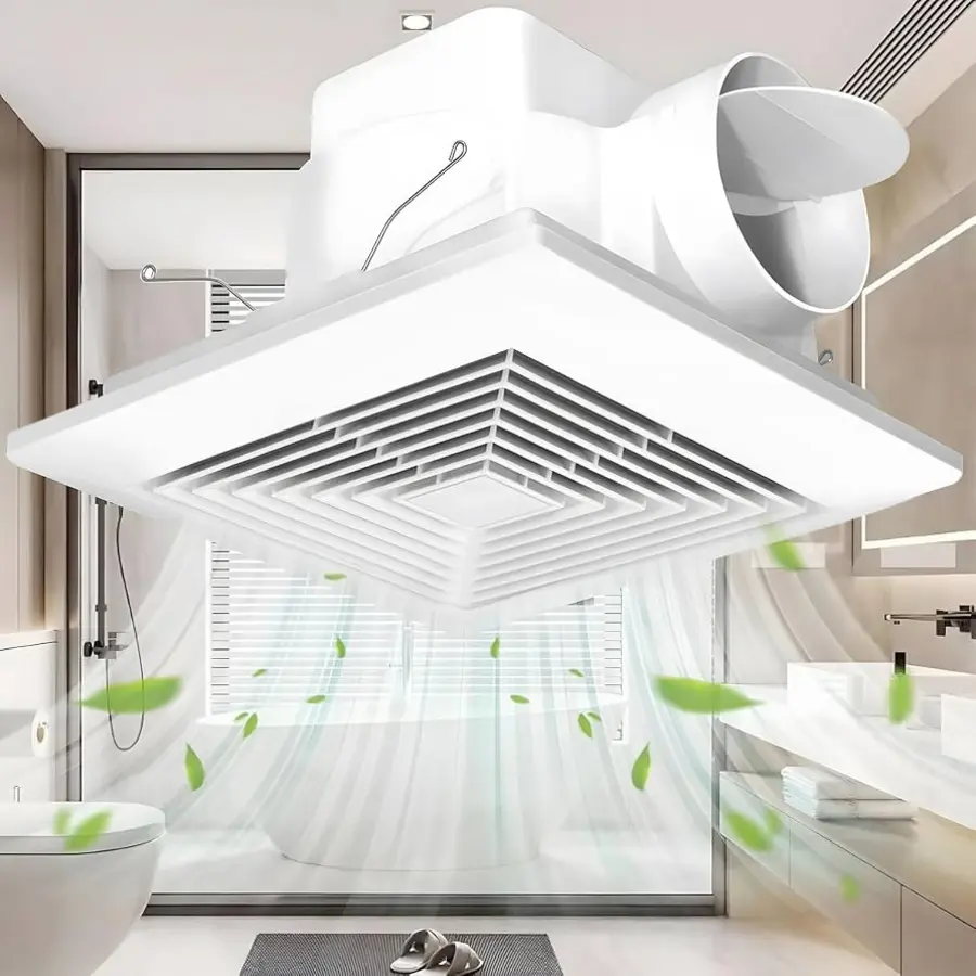 Bathroom exhaust fan installed in ceiling, with air flowing and leaves visualizing airflow.