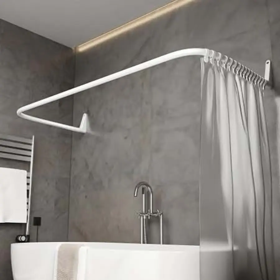 Curved shower curtain rod installed above a bathtub with a light gray wall backdrop.
