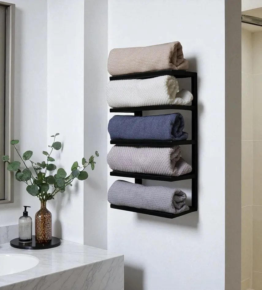 Four neatly rolled towels displayed on a black wall-mounted rack in a bathroom.