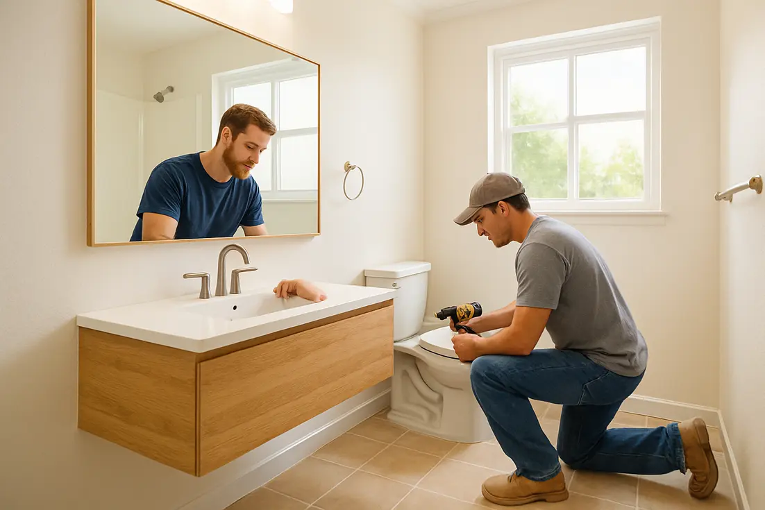 A man wipes a wooden bathroom wall while another man installs fixtures.