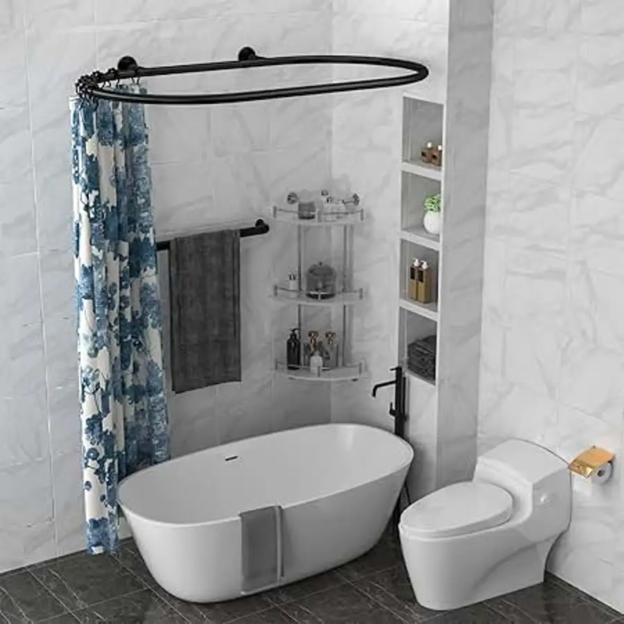 Clawfoot tub with a surrounding circular shower curtain rod and curtains in a tiled bathroom.
