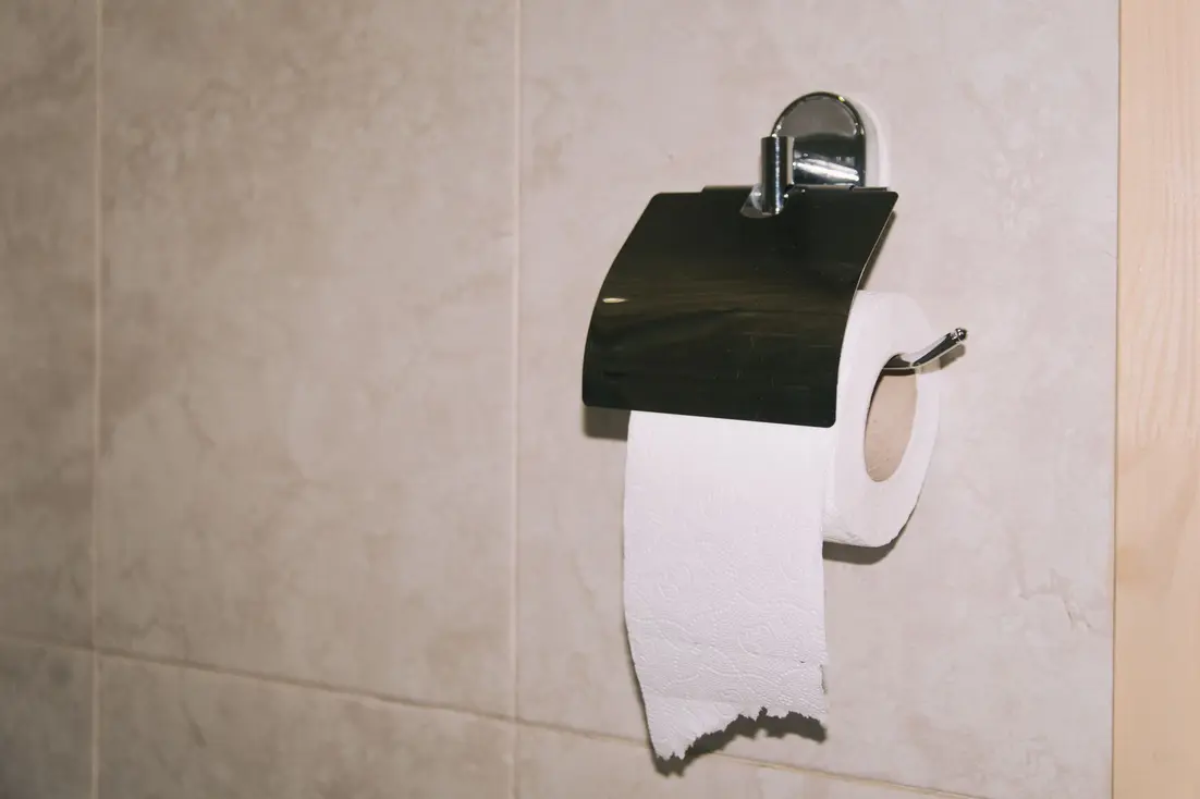 Toilet paper on a holder in a bathroom, hanging over the roll.