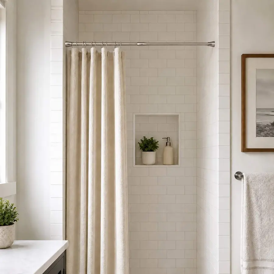 Shower area with a beige curtain, white tile walls, and a niche holding toiletries.