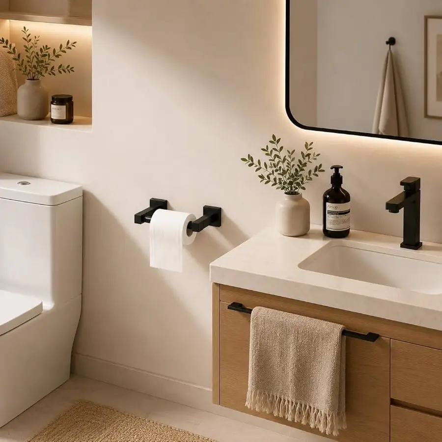 Wall-mounted toilet paper holder beside a toilet in a modern bathroom setting.